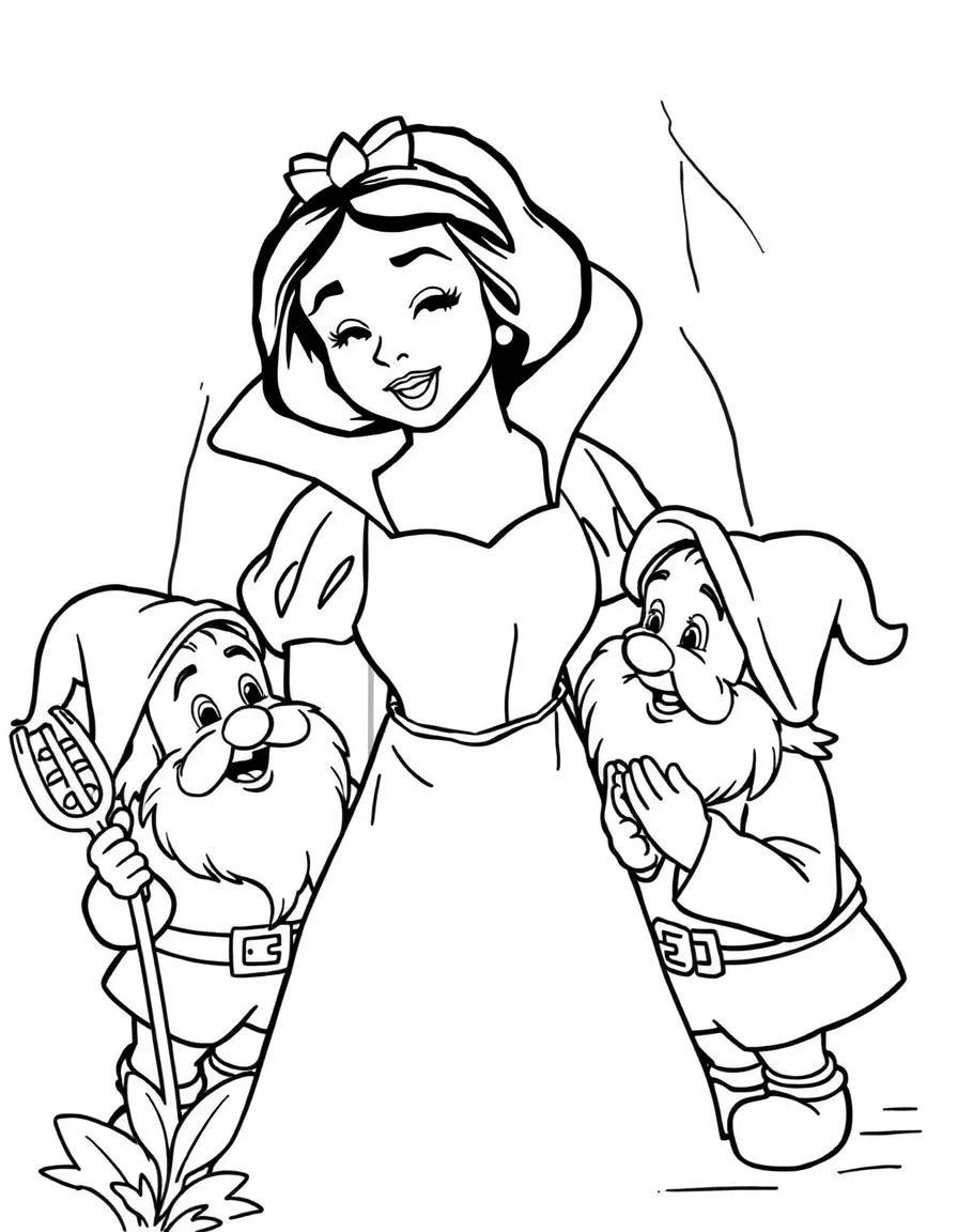 Snow White singing "Whistle While You Work" with the dwarfs.