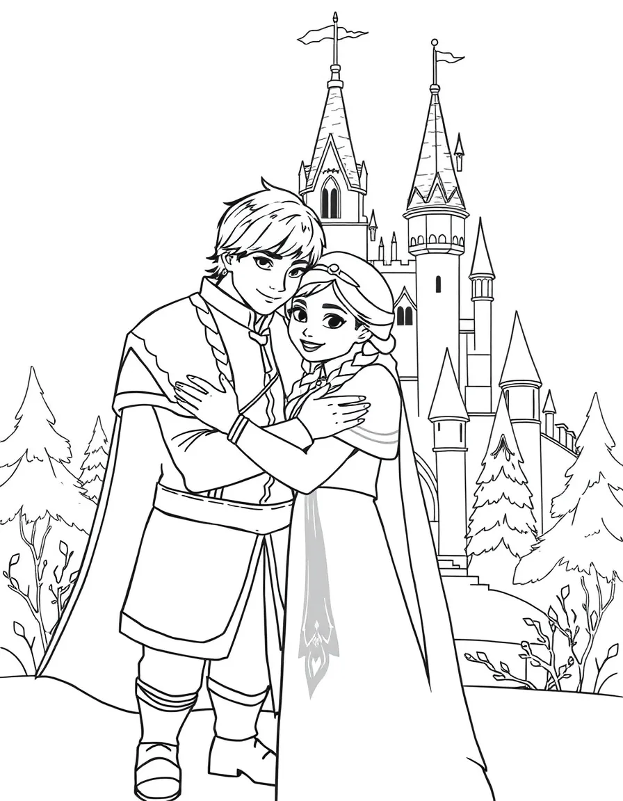 Anna and Kristoff hugging in front of a snowy castle.