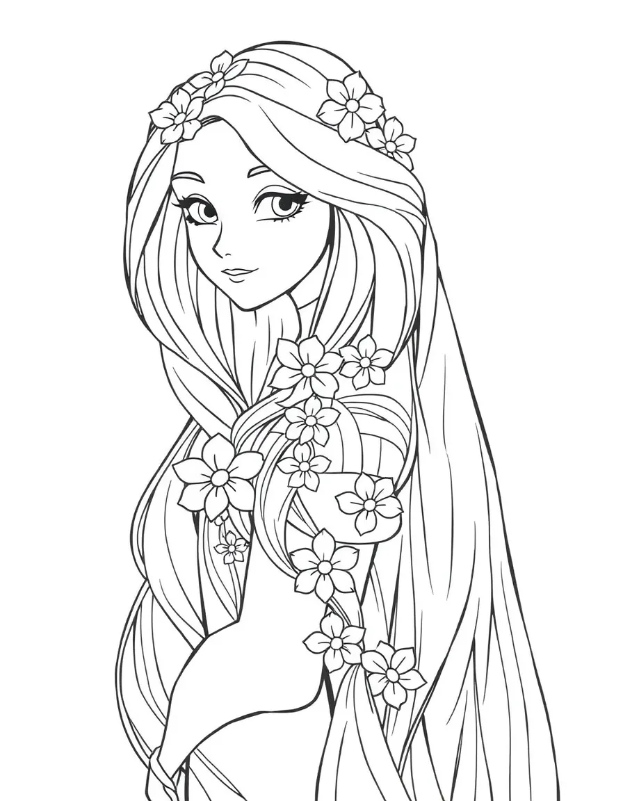 Rapunzel with flowers woven into her long hair.