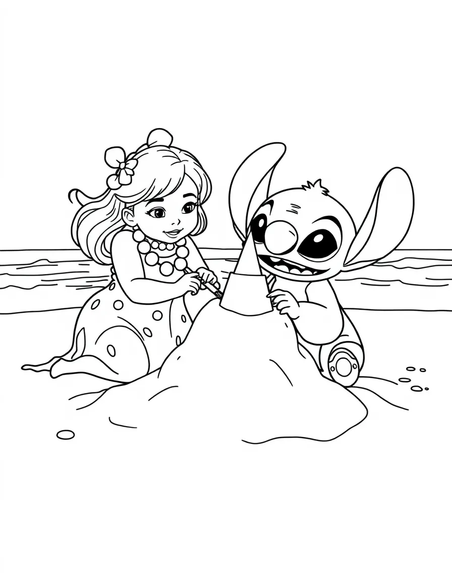 Lilo and Stitch building a huge sandcastle on the beach.