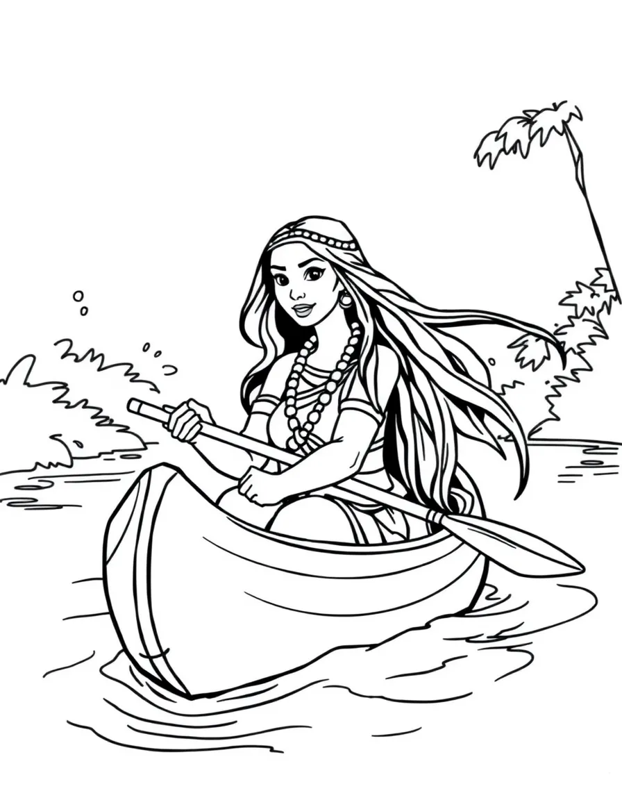 Pocahontas in her canoe, paddling down the river.