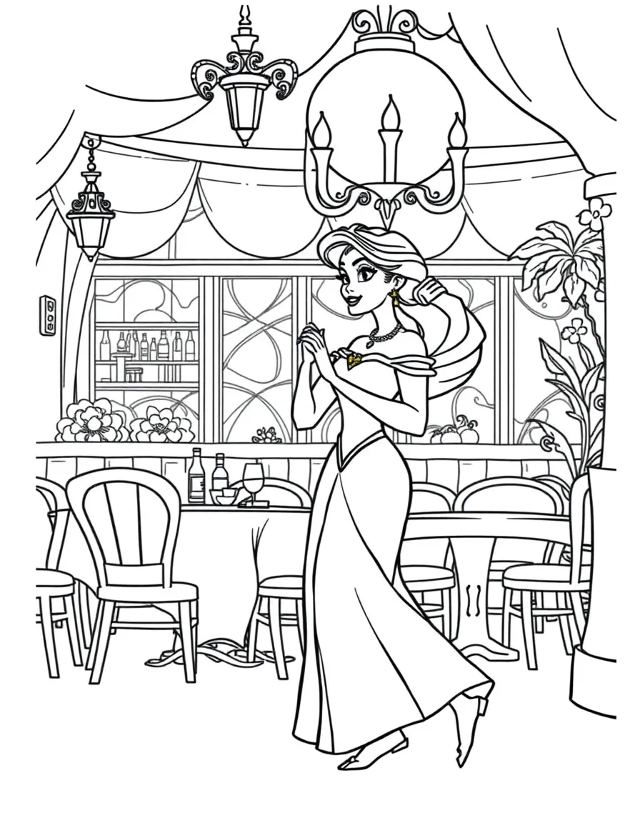 Tiana and Naveen waltzing in their restaurant.