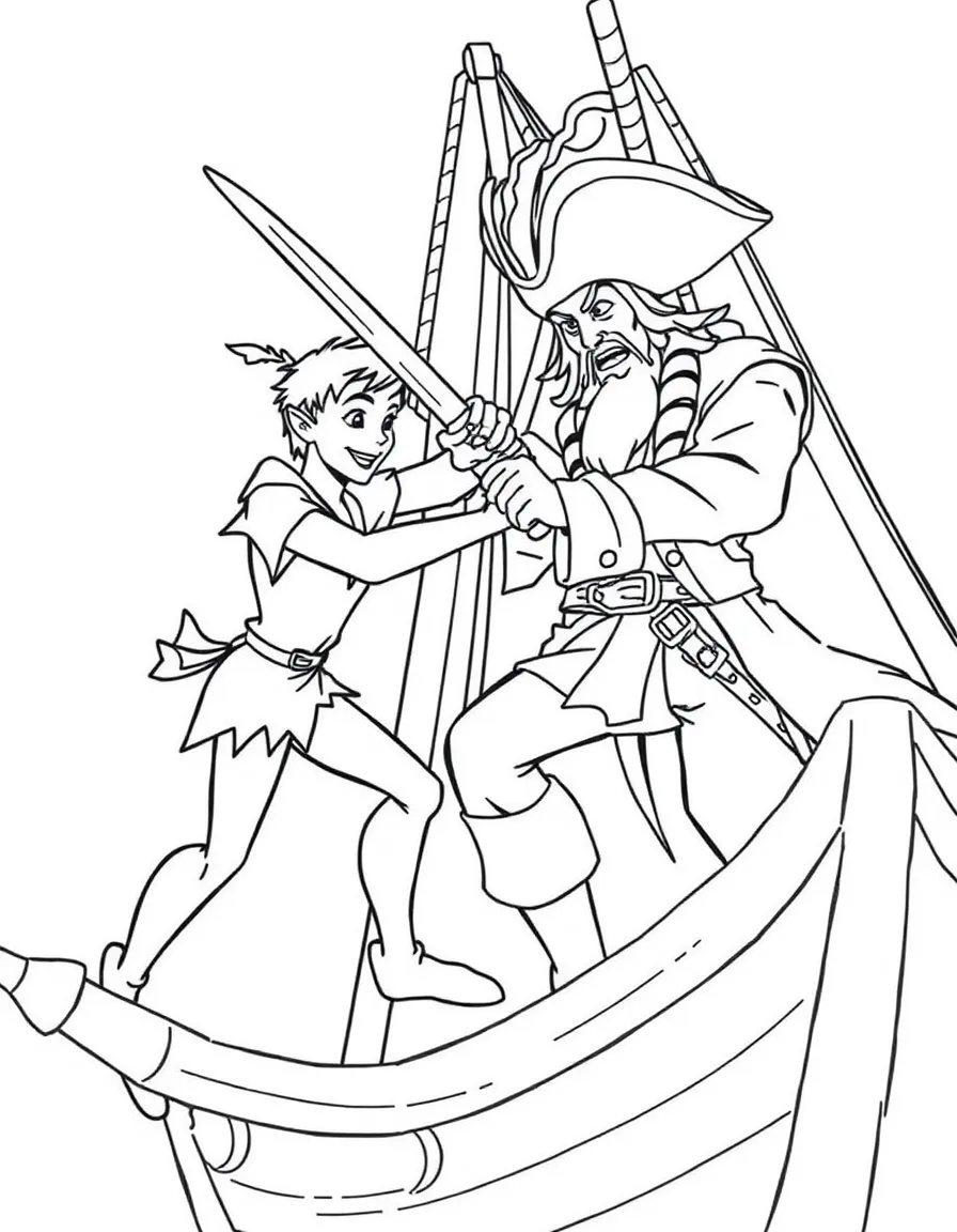 Peter Pan and Captain Hook having a sword fight on the ship.