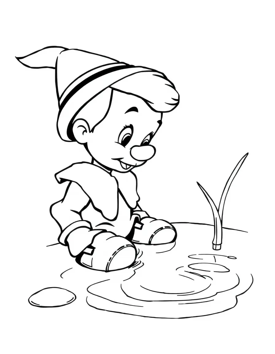 Pinocchio looking at his reflection in the water.