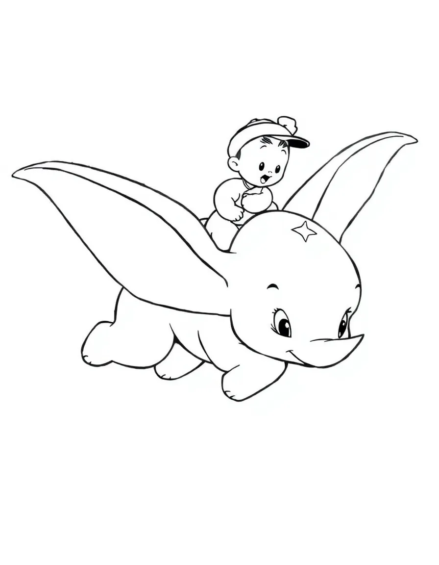 Dumbo flying with Timothy on his back, looking confident.