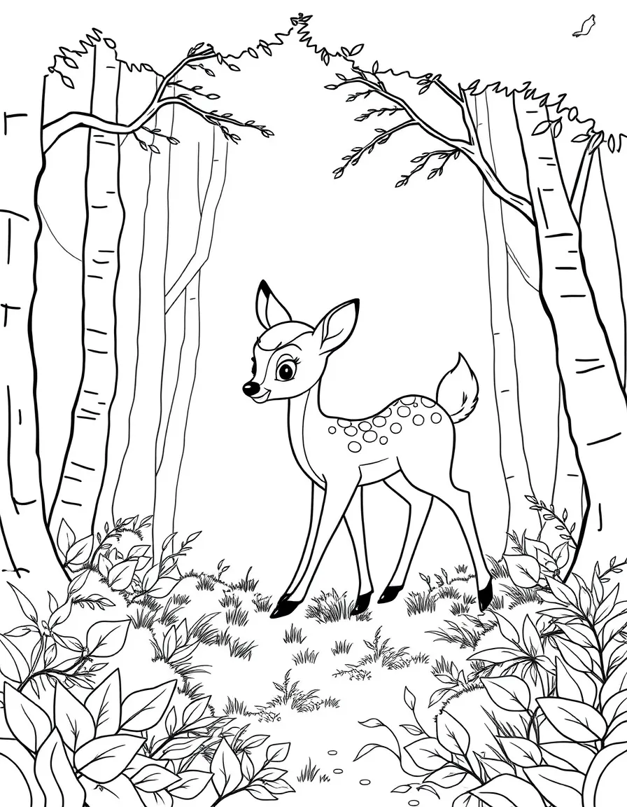 Bambi and his mother walking through the forest.