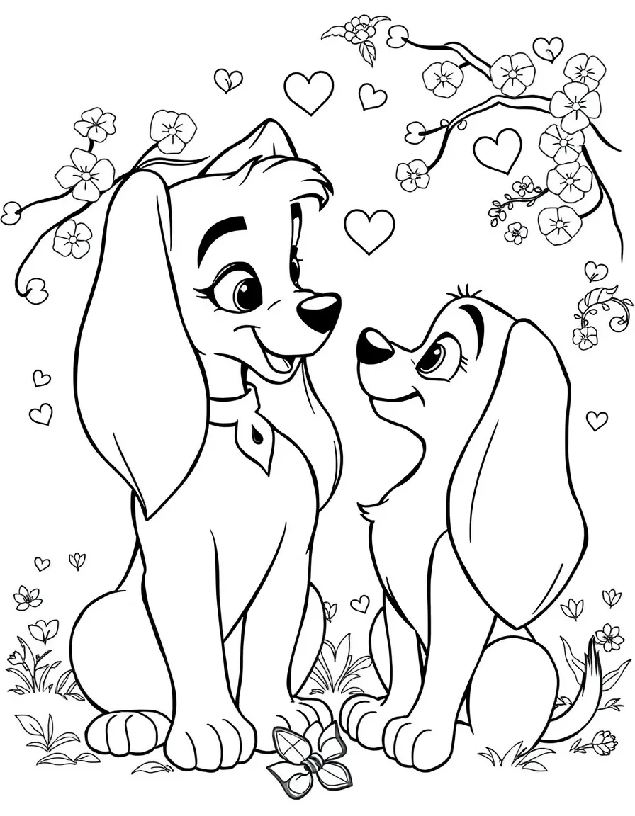 Lady and Tramp looking at each other, with a romantic background.