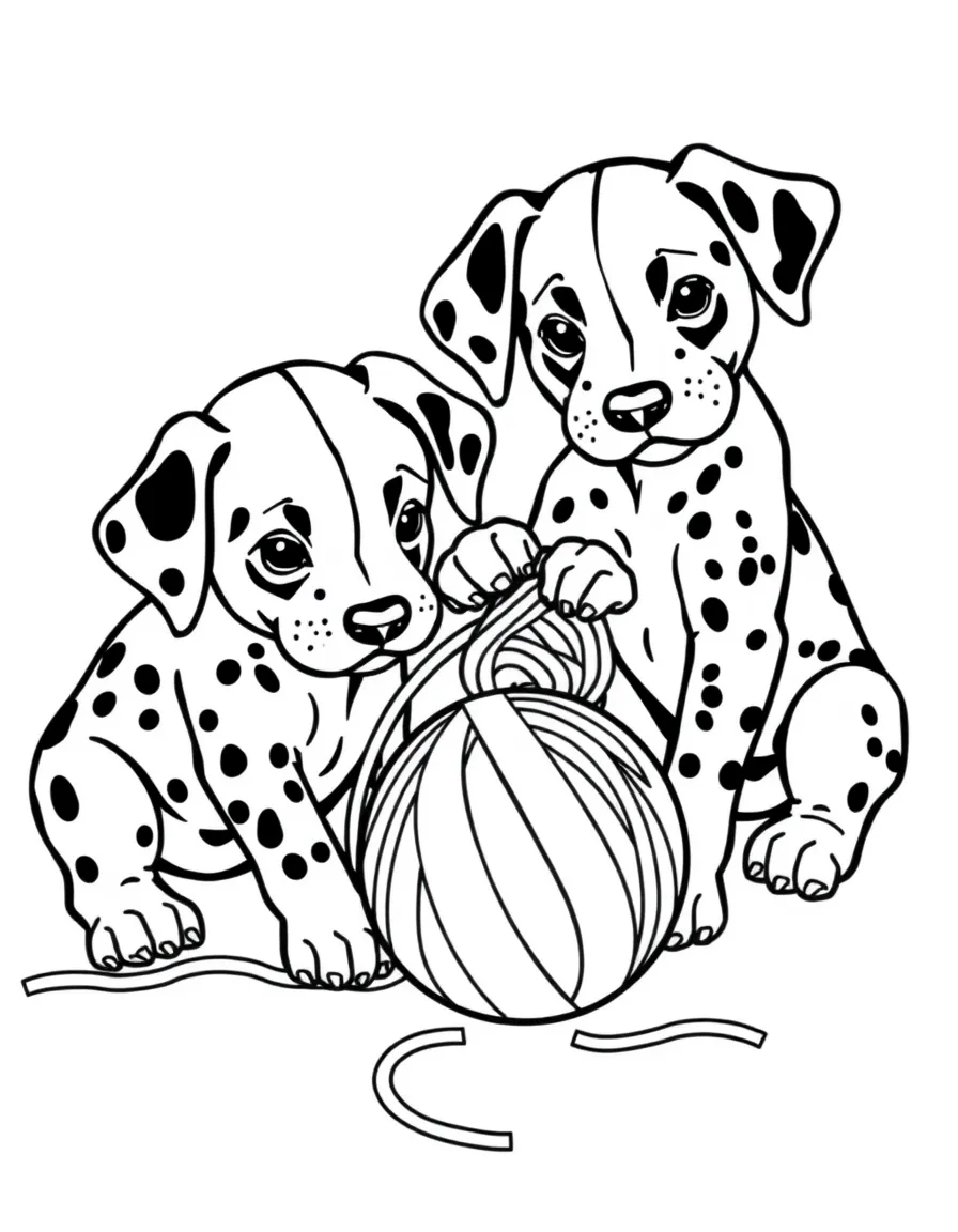The Dalmatian puppies playing with a ball of yarn.
