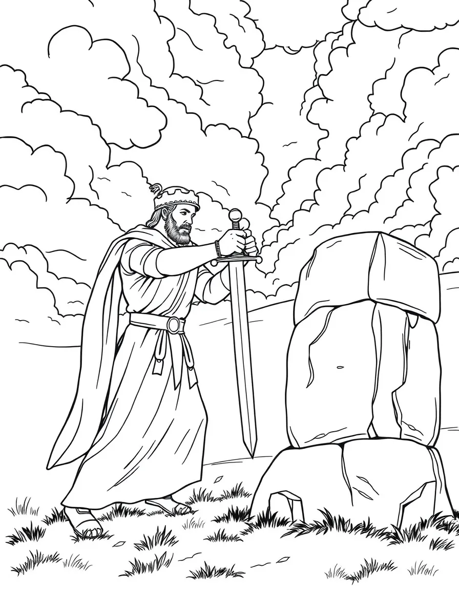Arthur pulling the sword from the stone, with a dramatic sky.