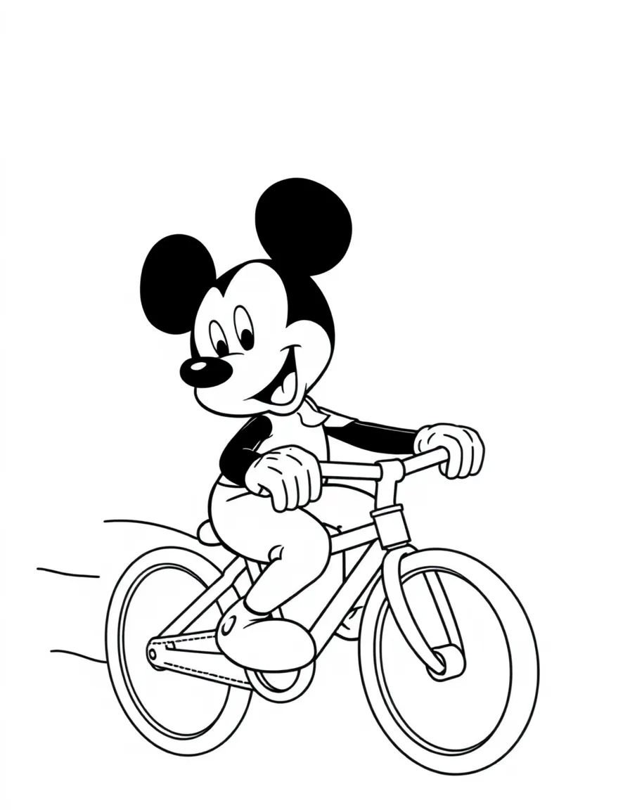 Mickey Mouse riding a bicycle, looking happy.