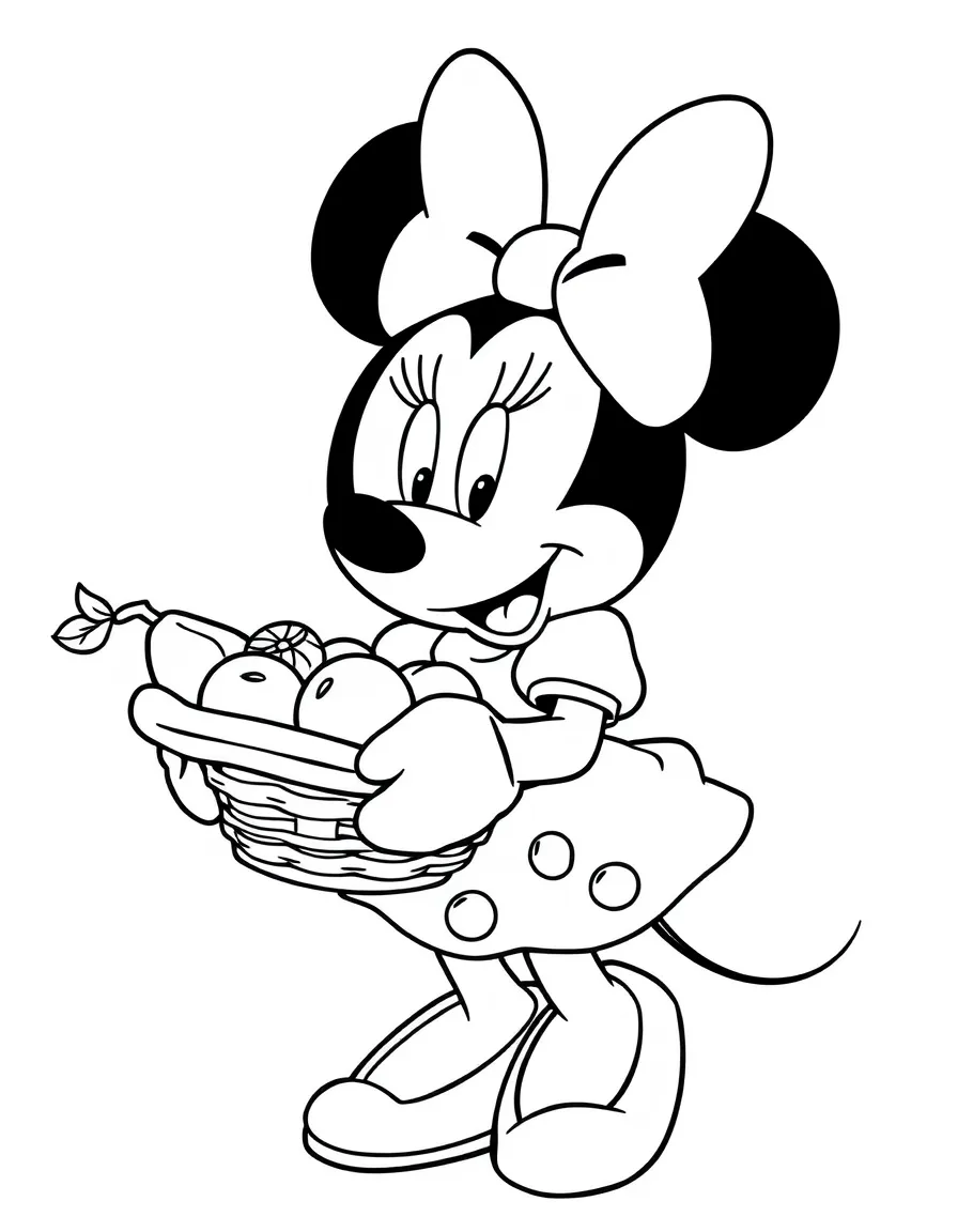 Minnie Mouse holding a basket of fruit.
