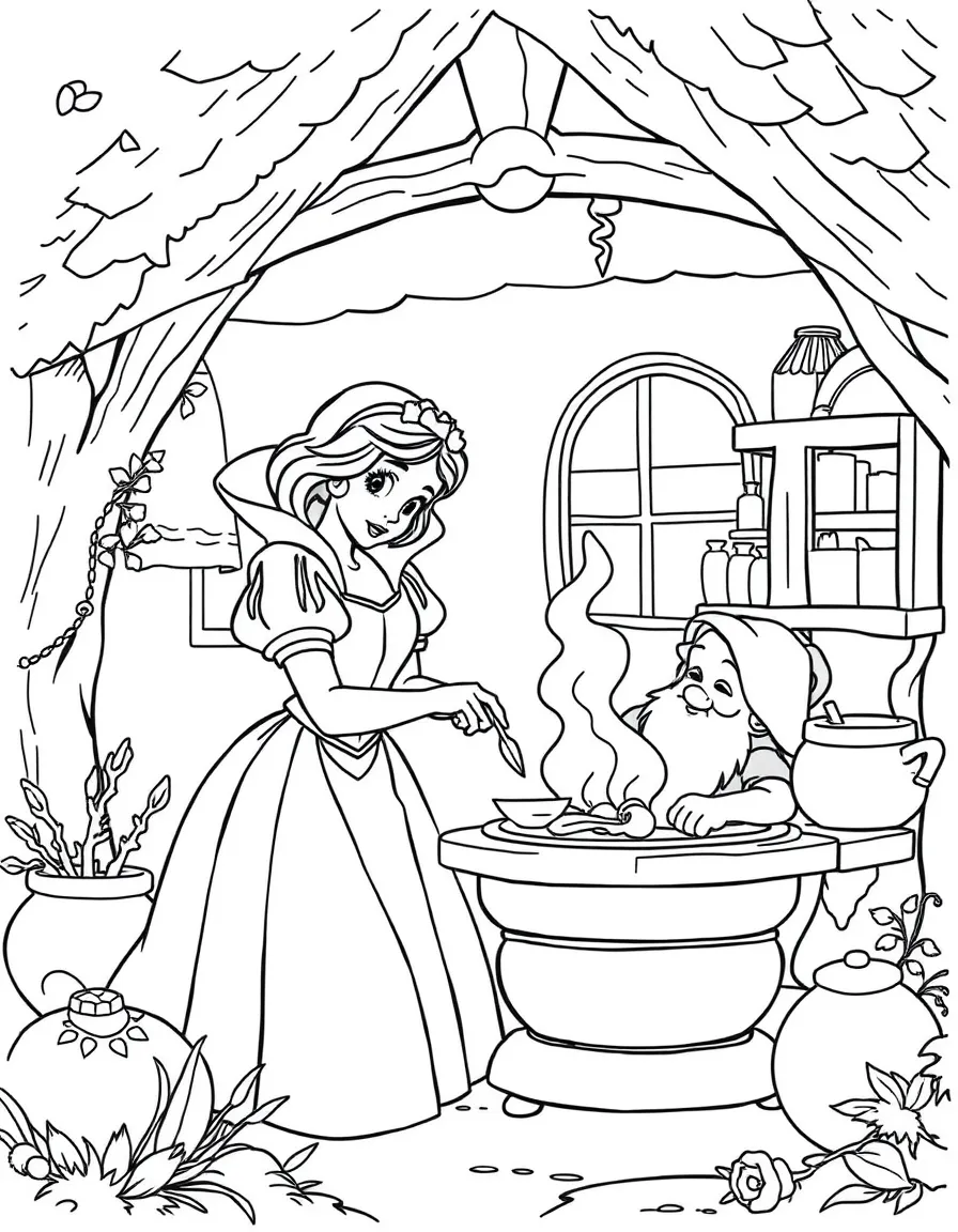 Snow White cooking in the dwarfs' cottage.