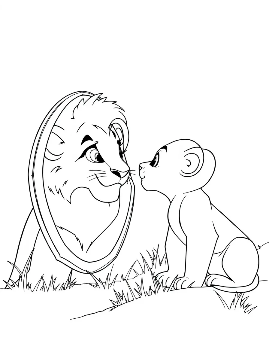 Simba looking at his reflection, seeing Mufasa.