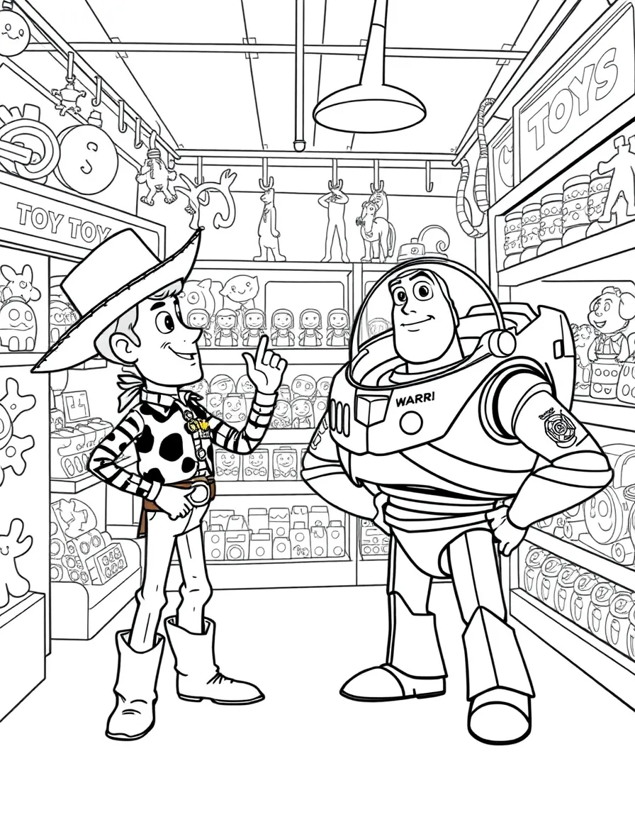 Woody and Buzz exploring a new toy store.