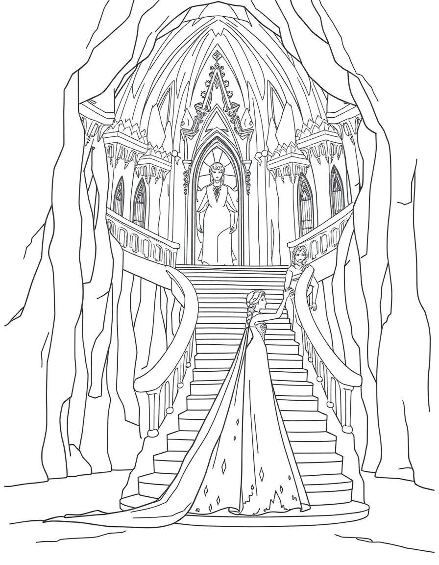 Elsa creating an ice palace with a grand staircase.
