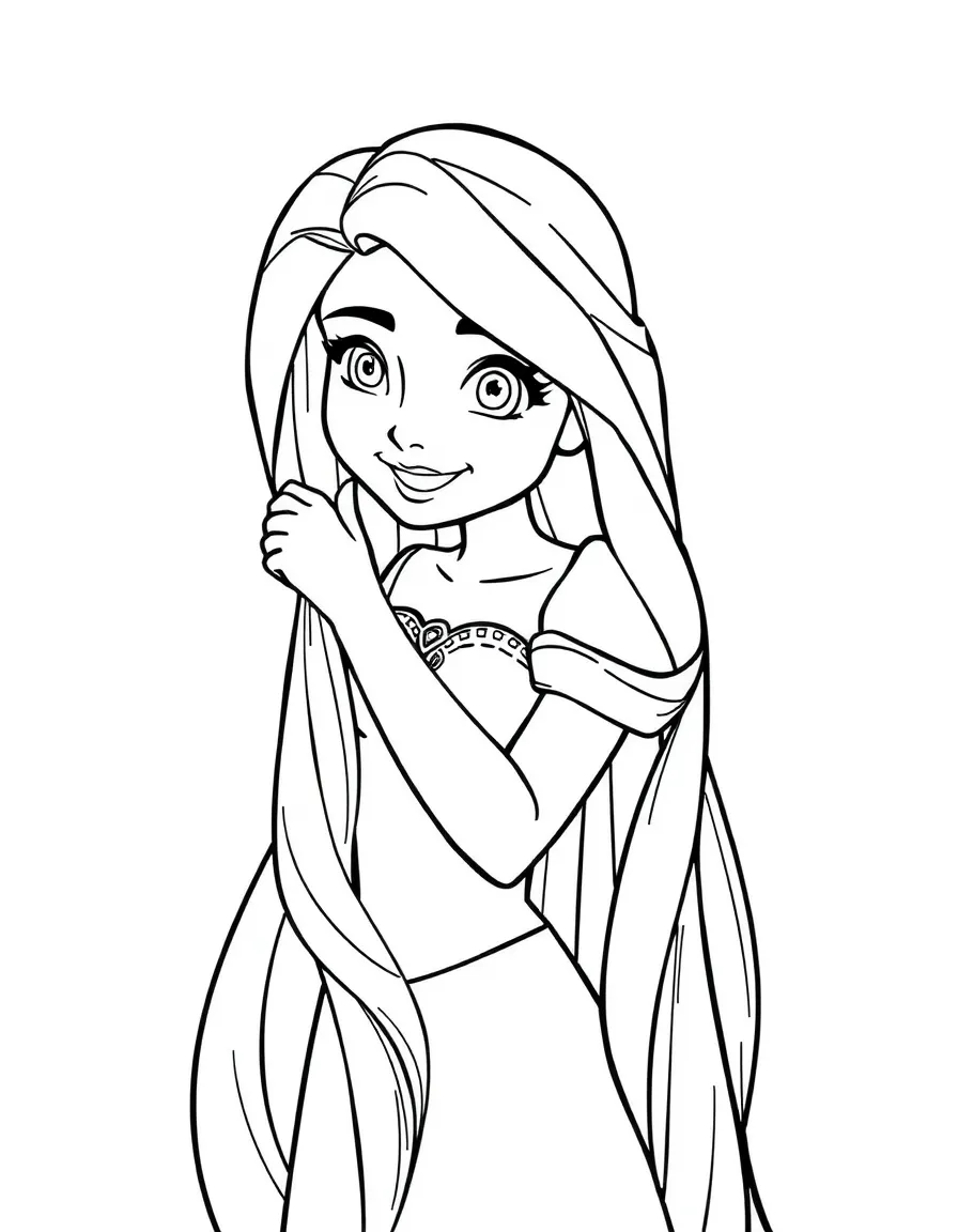 Rapunzel letting down her hair, with a smile.