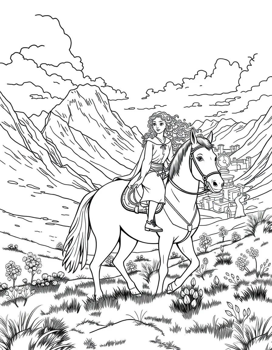 Merida riding Angus through a beautiful Scottish landscape.
