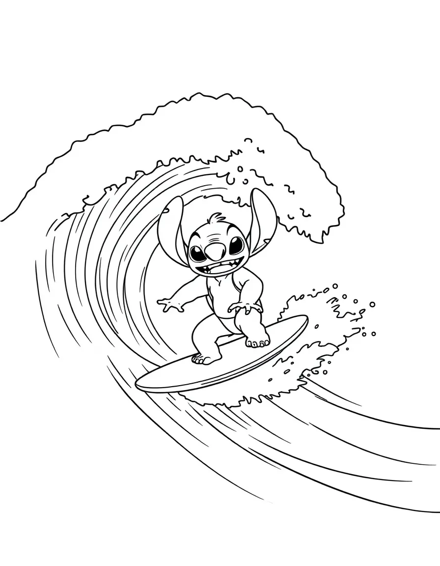 Lilo and Stitch surfing a big wave.