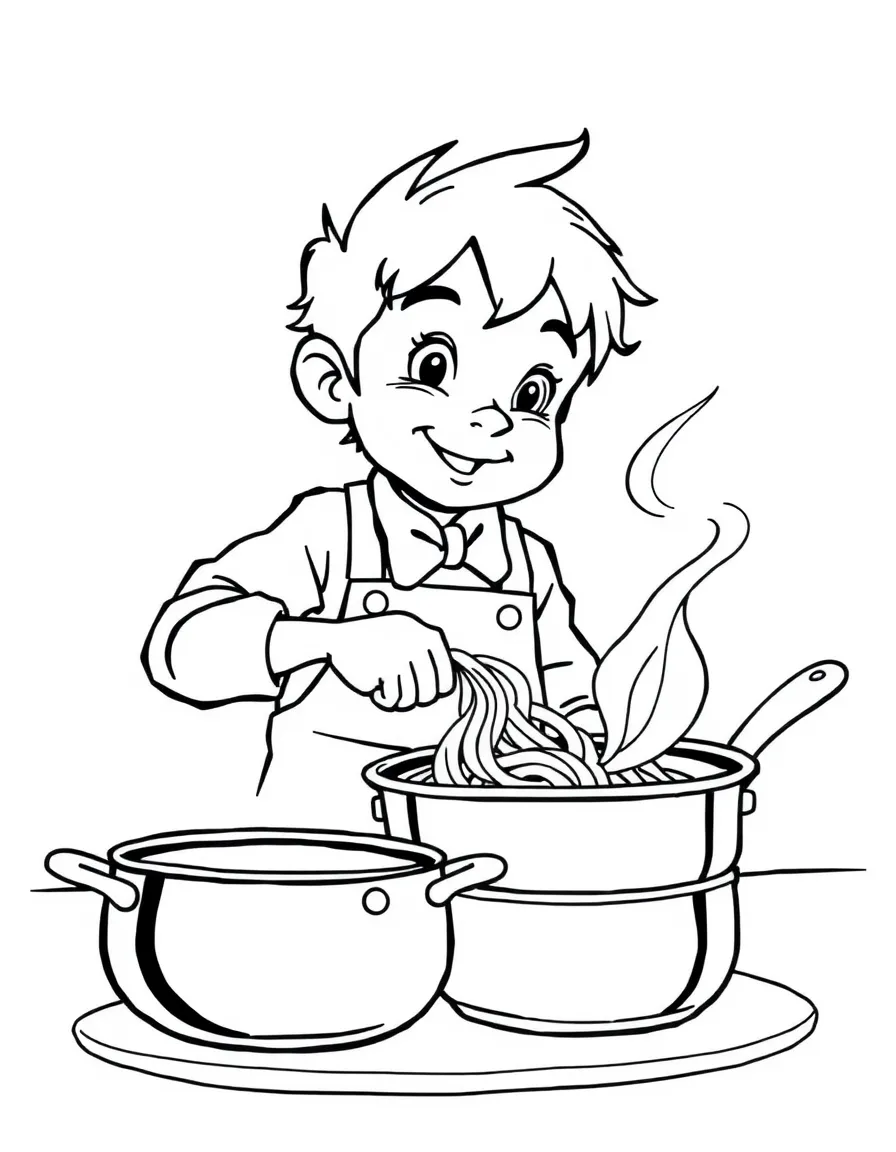 Remy cooking with Linguini, with pots and pans.