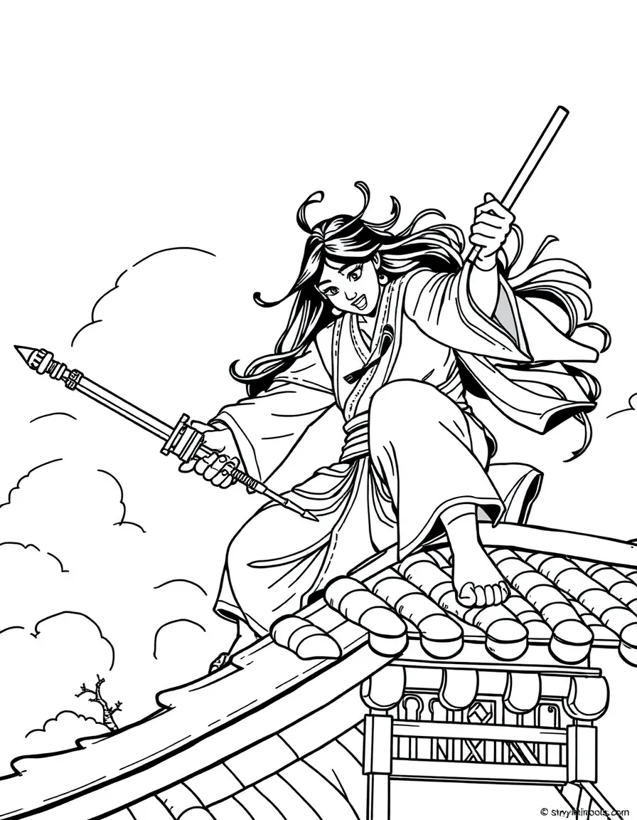 Mulan fighting Shan Yu on the roof.