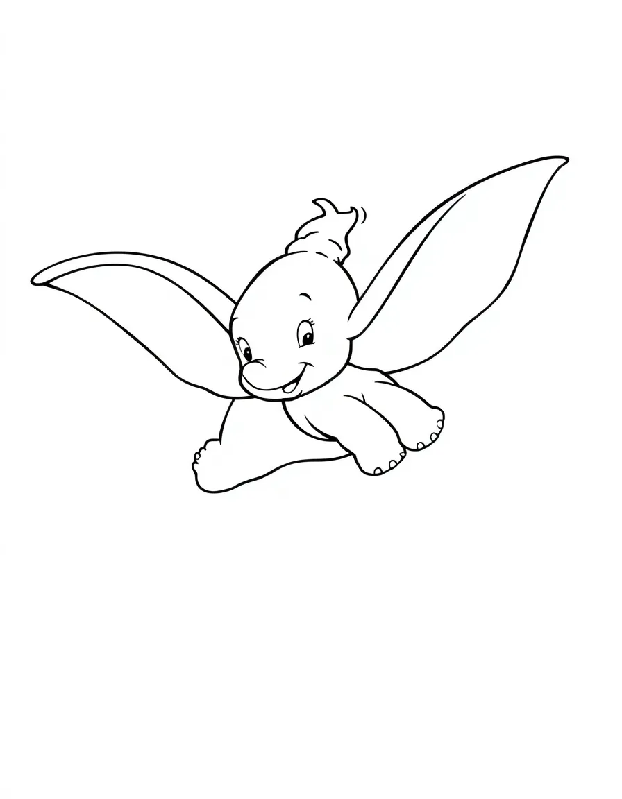 Dumbo taking off in flight, with his ears spread wide.