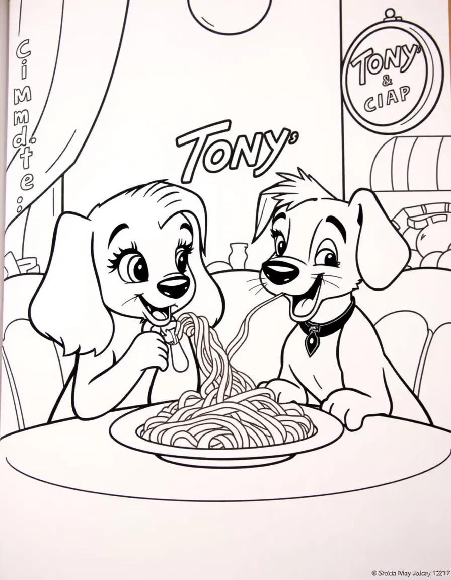 Lady and Tramp eating spaghetti at Tony's.