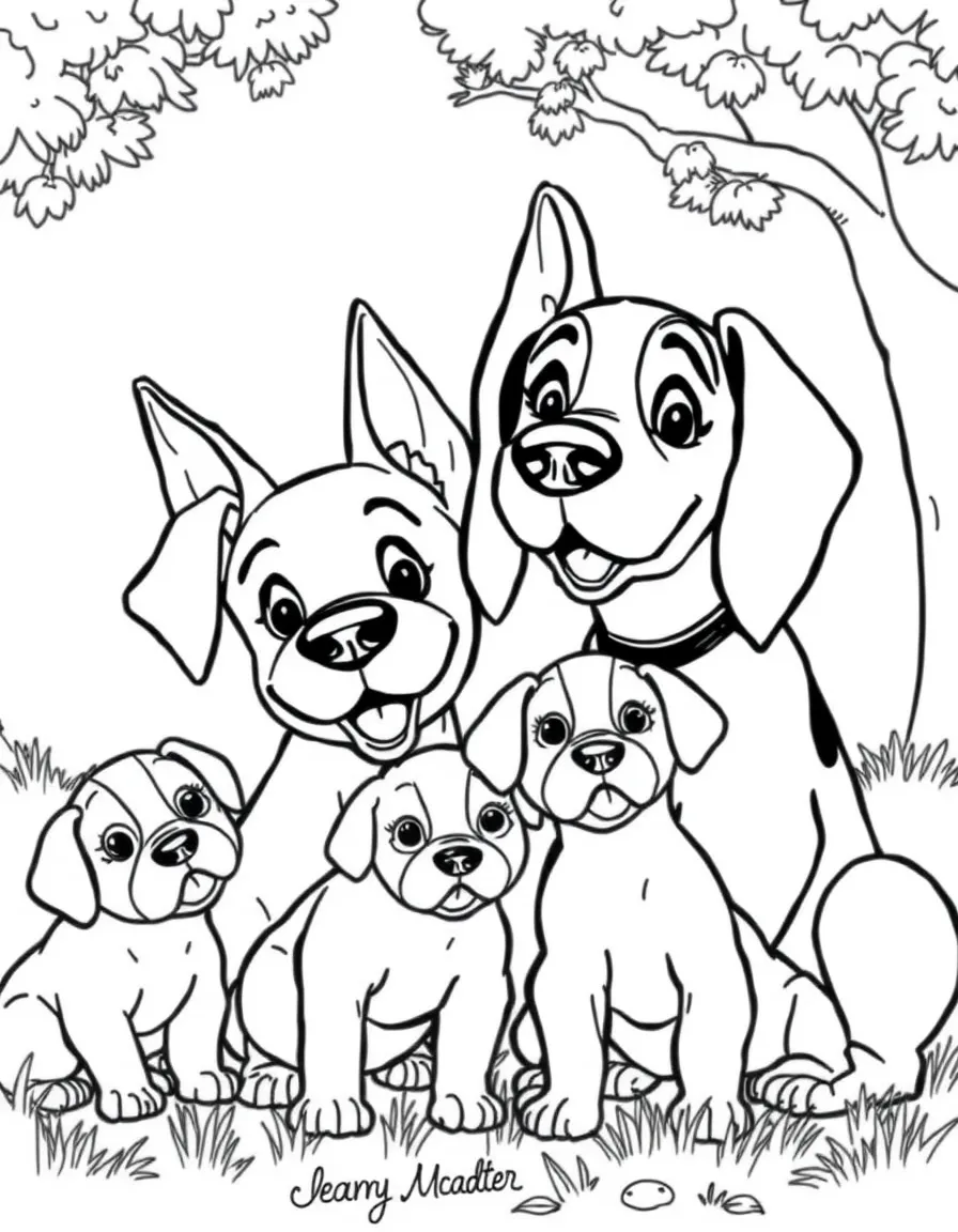 Pongo and Perdita looking proudly at their puppies.