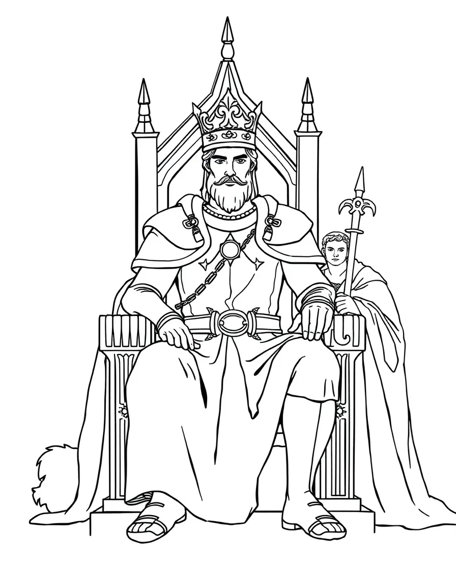 Arthur sitting on the throne, with Merlin by his side.