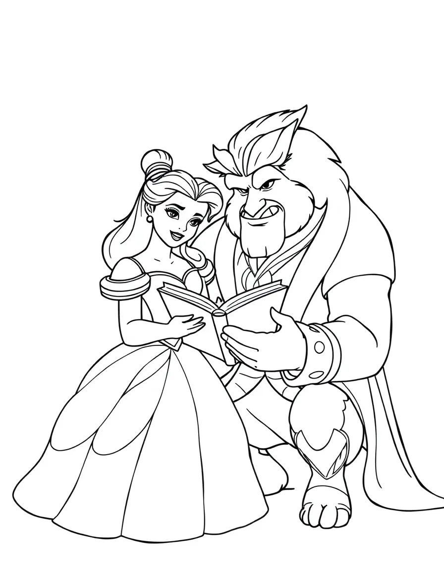 Belle and Beast reading a book together.