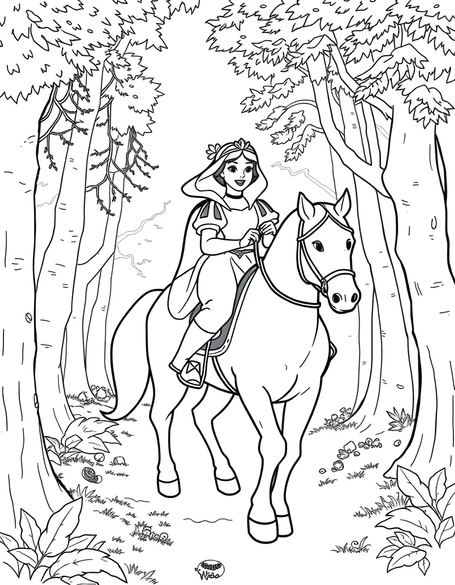 Snow White and the Prince riding a horse through a forest.
