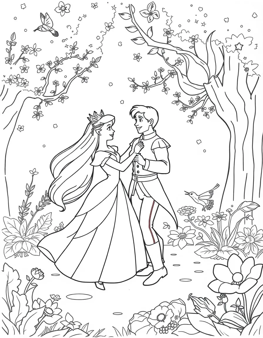 Aurora dancing with Prince Philip in a magical garden.