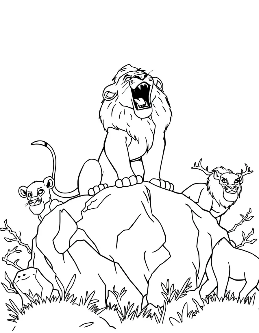 Simba roaring on Pride Rock, surrounded by animals.
