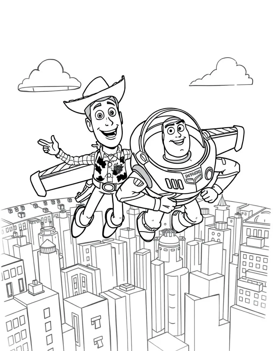Woody and Buzz flying over the city.