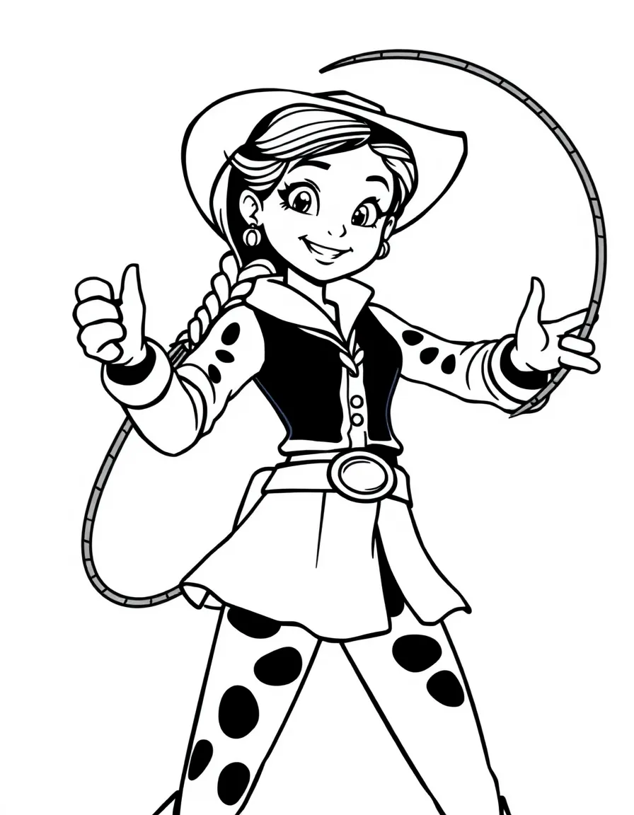 Jessie twirling her lasso, with a confident smile.