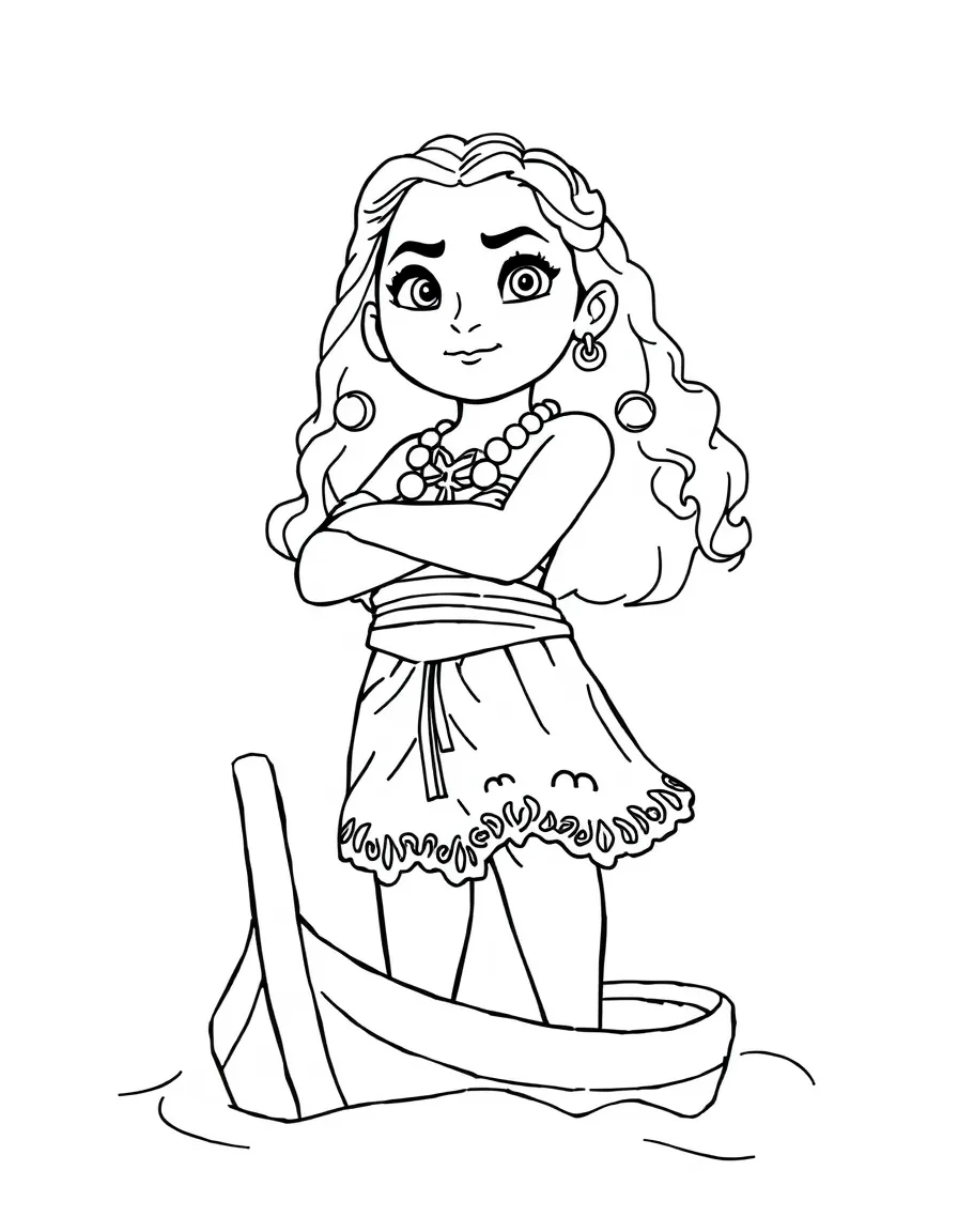 Moana standing on her boat, with a determined look.