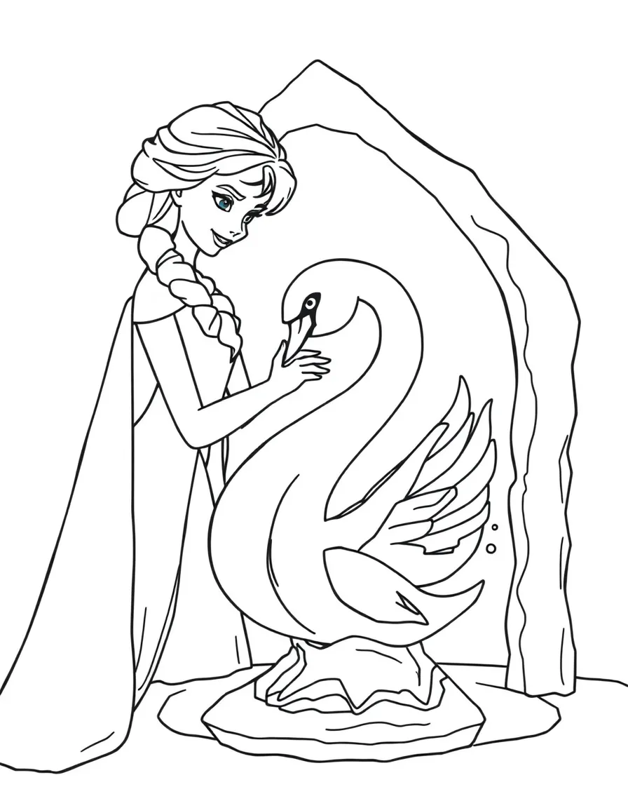 Elsa creating a beautiful ice sculpture of a swan.