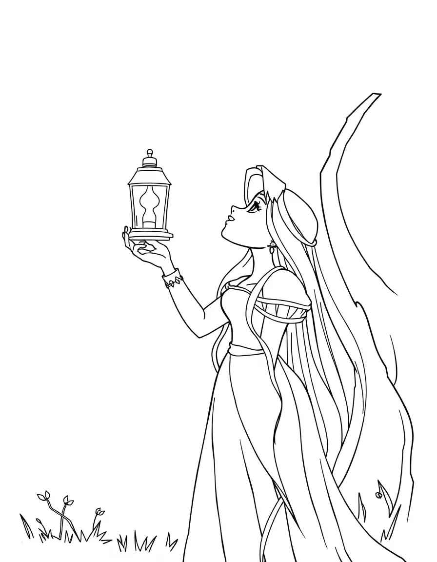 Rapunzel with a lantern in her hand, looking up at the sky.