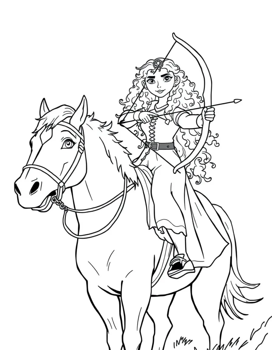 Merida riding Angus, with her bow and arrow ready.