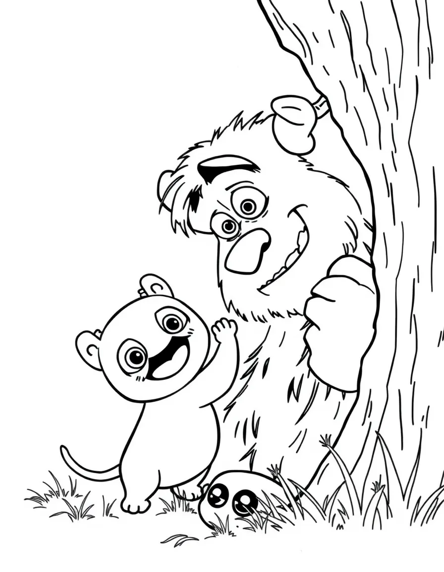 Sulley and Boo playing hide-and-seek.