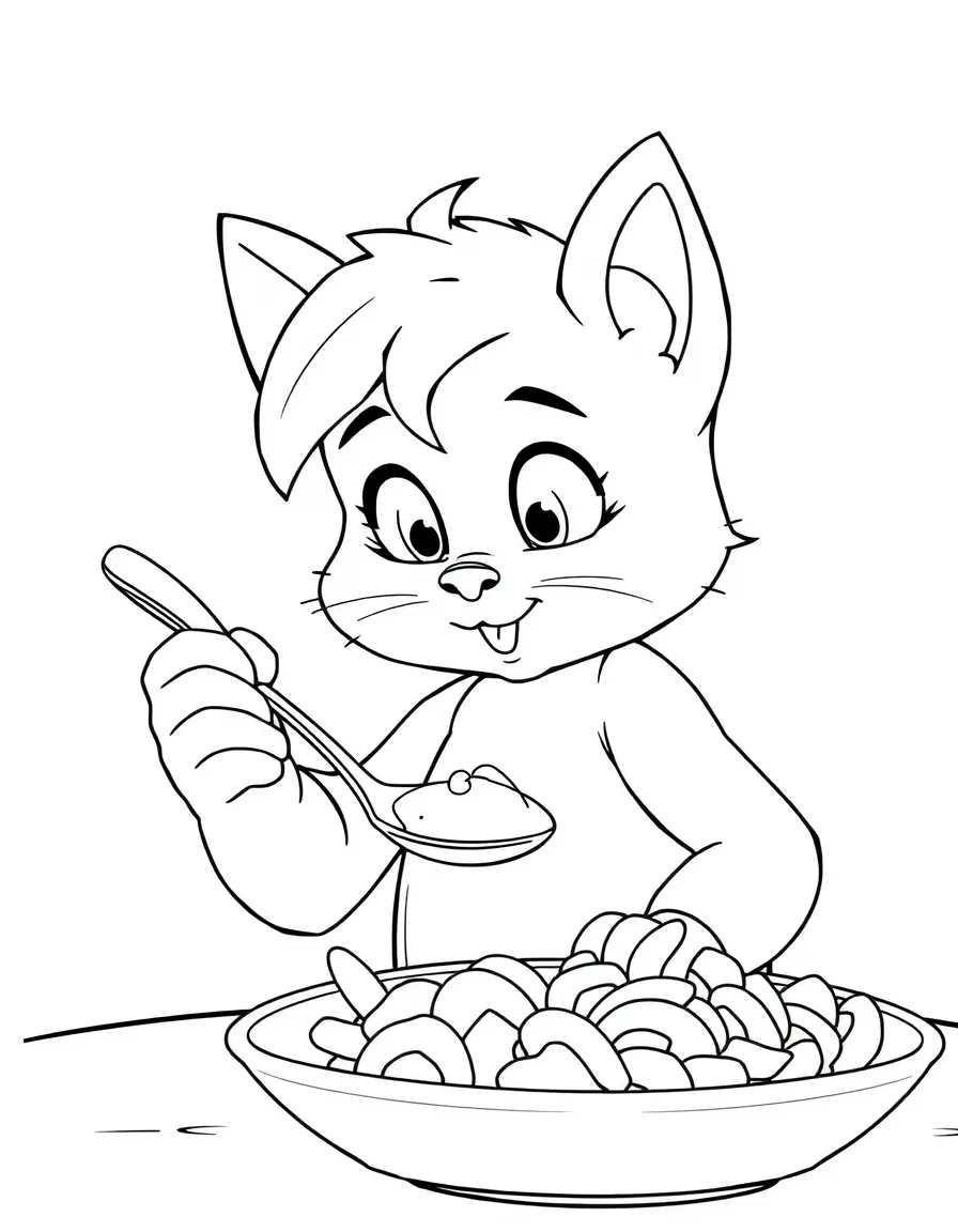 Remy holding a spoon, looking at a delicious dish.