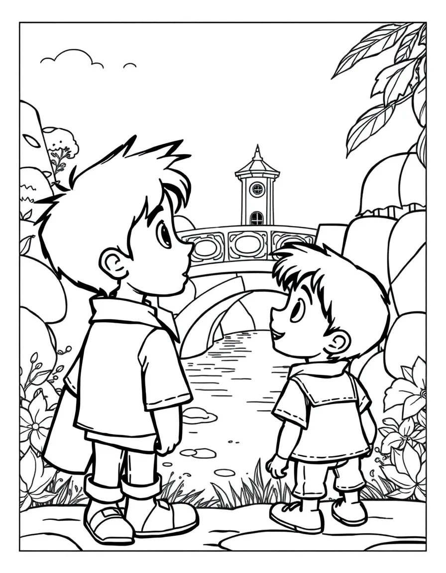 Miguel and Dante looking at the glowing marigold bridge.