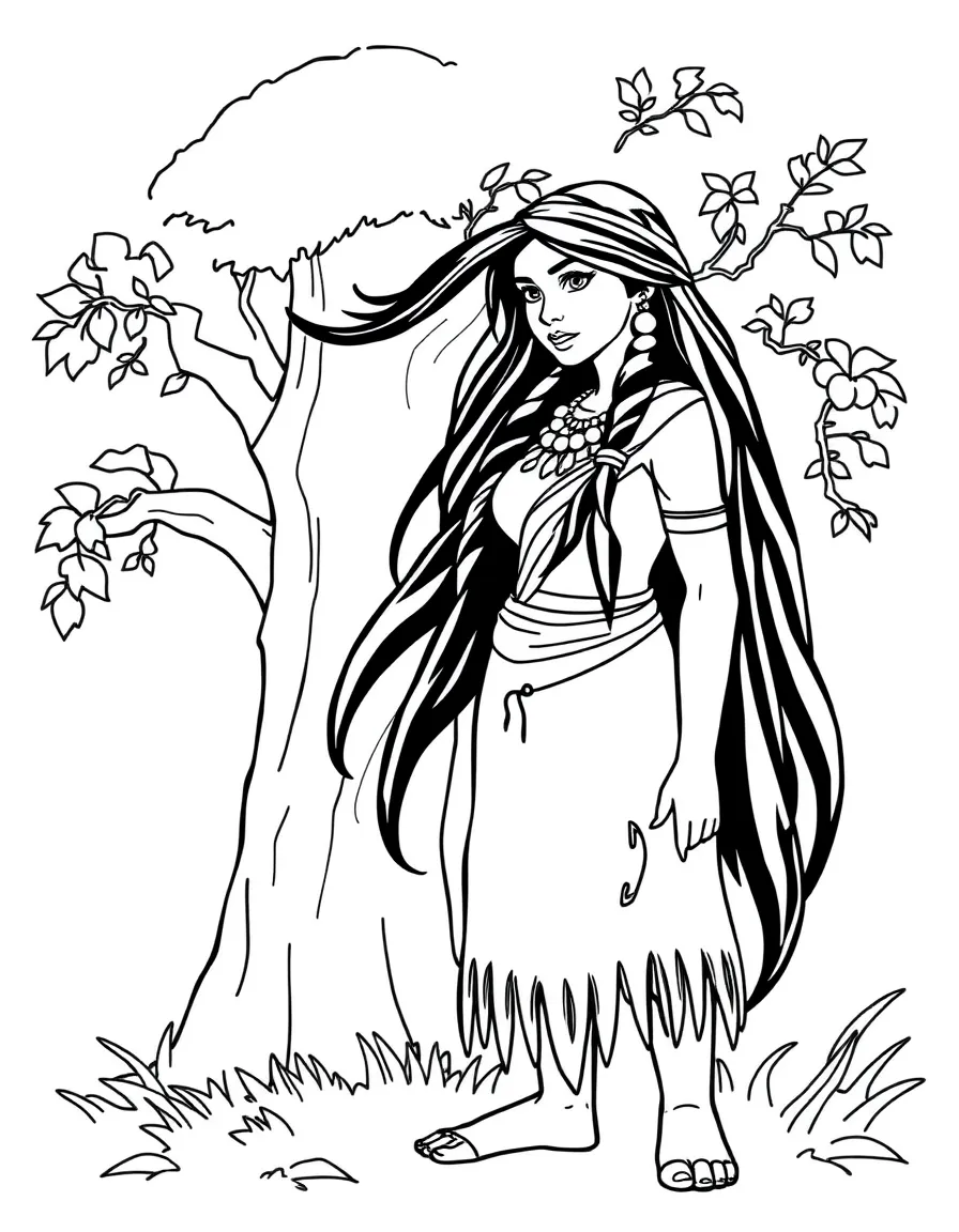 Pocahontas standing by a glowing tree, with the wind in her hair.