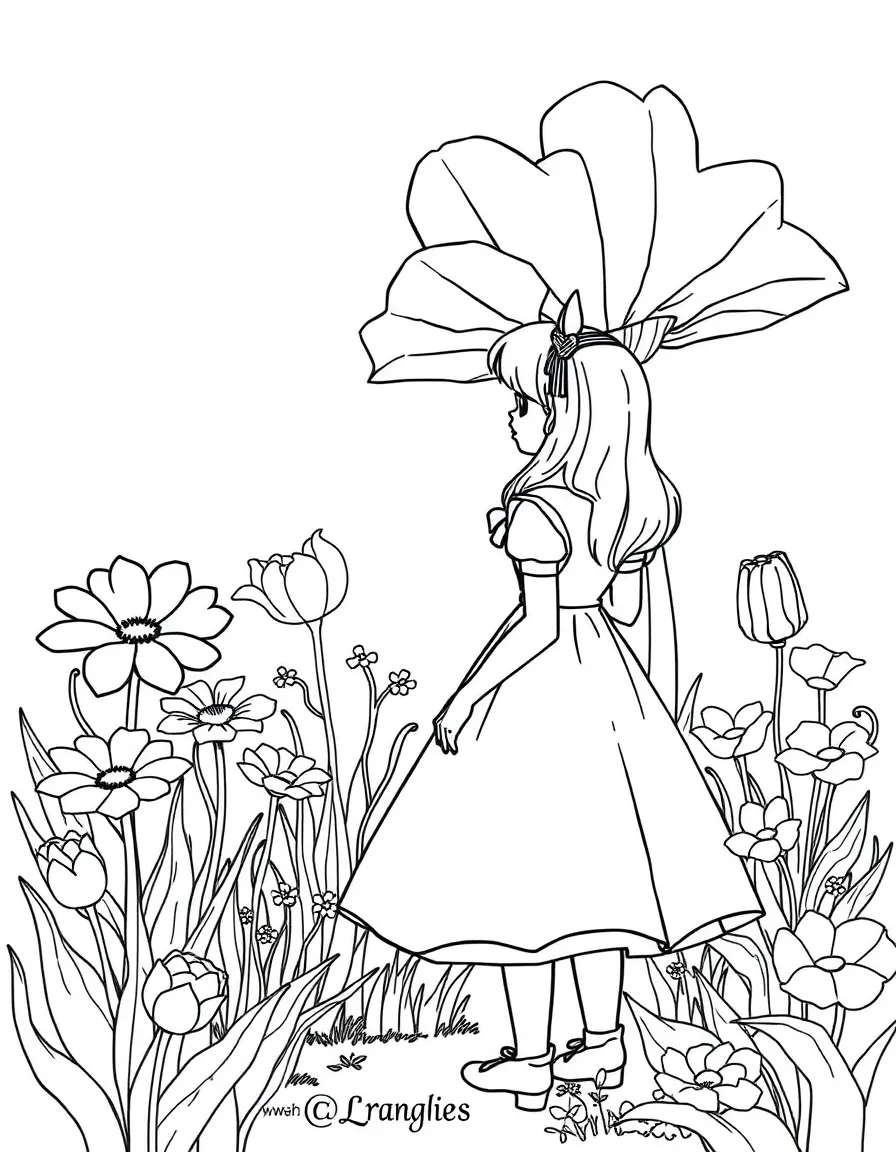 Alice looking at the giant flowers in Wonderland.