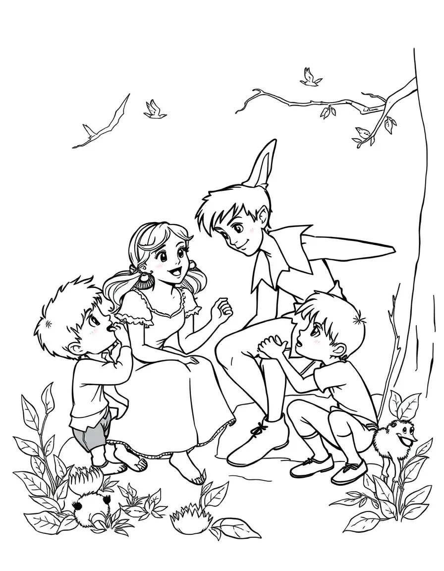 Peter Pan, Wendy, and the Lost Boys playing.
