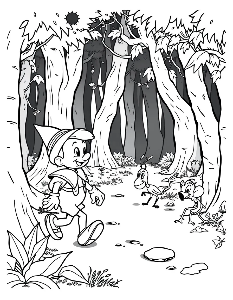 Pinocchio and Jiminy Cricket walking through a dark forest.