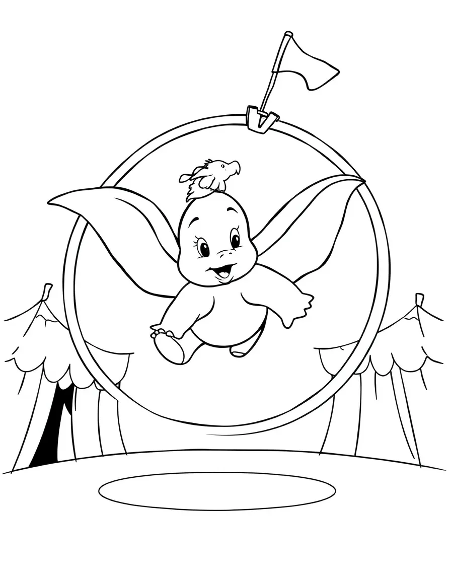 Dumbo flying through a hoop in the circus.