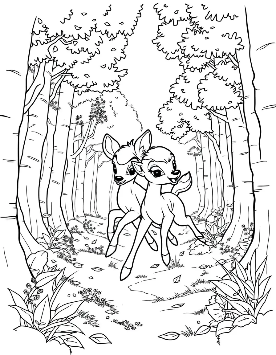 Bambi and Faline running through a beautiful forest.