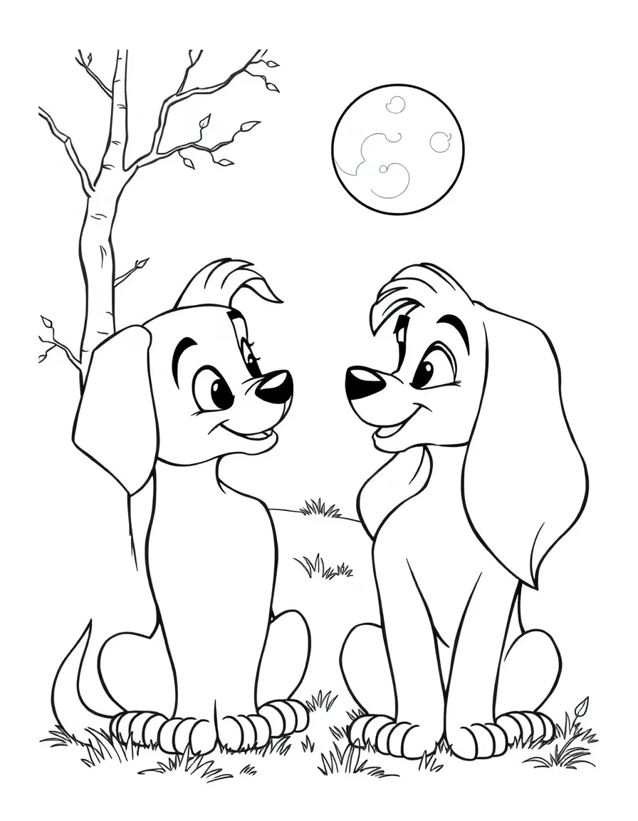 Lady and Tramp looking at each other under a full moon.