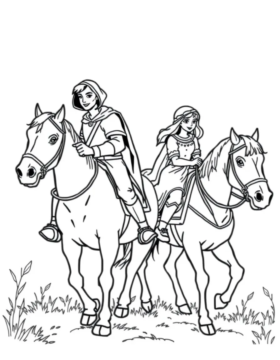 Robin Hood and Maid Marian riding horses together.