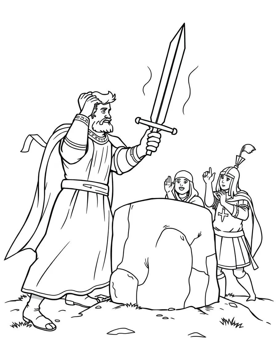 Arthur pulling the sword from the stone, with cheering knights.